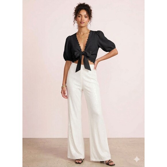Black Halo Eve Pants - Black Halo Eve Size 8 White Sequin High Waisted Pants Formal Evening Bridal